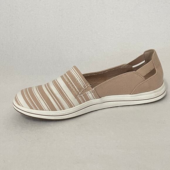 Clarks Cloud Steppers Slip On Shoes Womens 8.5 Tan White Striped Cushion Comfort - Picture 5 of 8